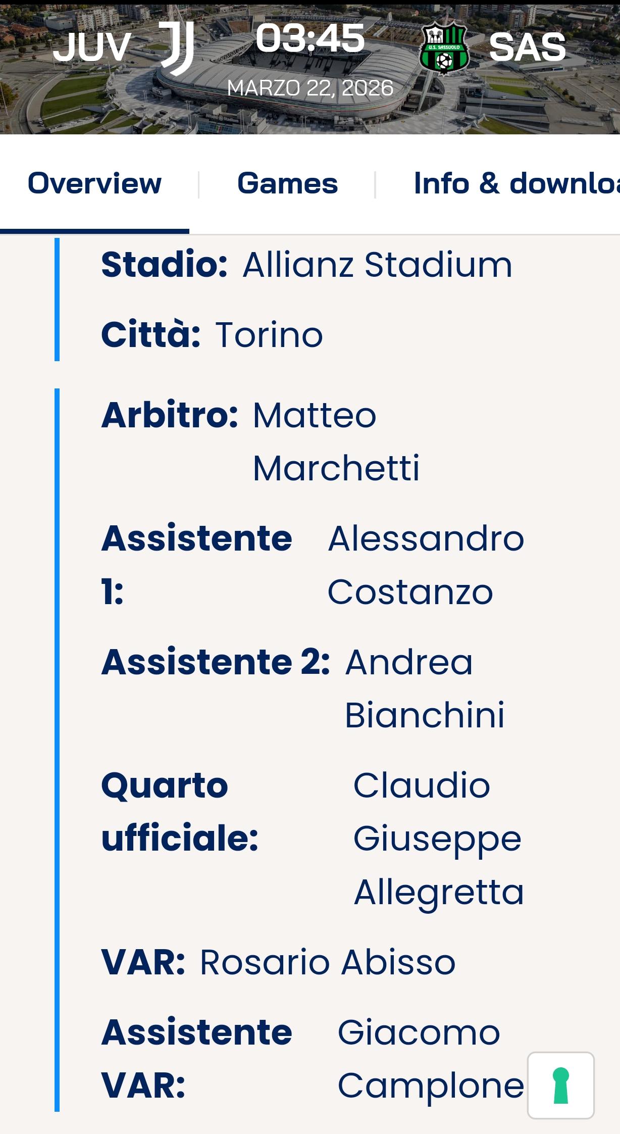 意甲第30轮周日345尤文图斯主场迎战萨索洛。
本场主裁判:马尔凯蒂
var裁判