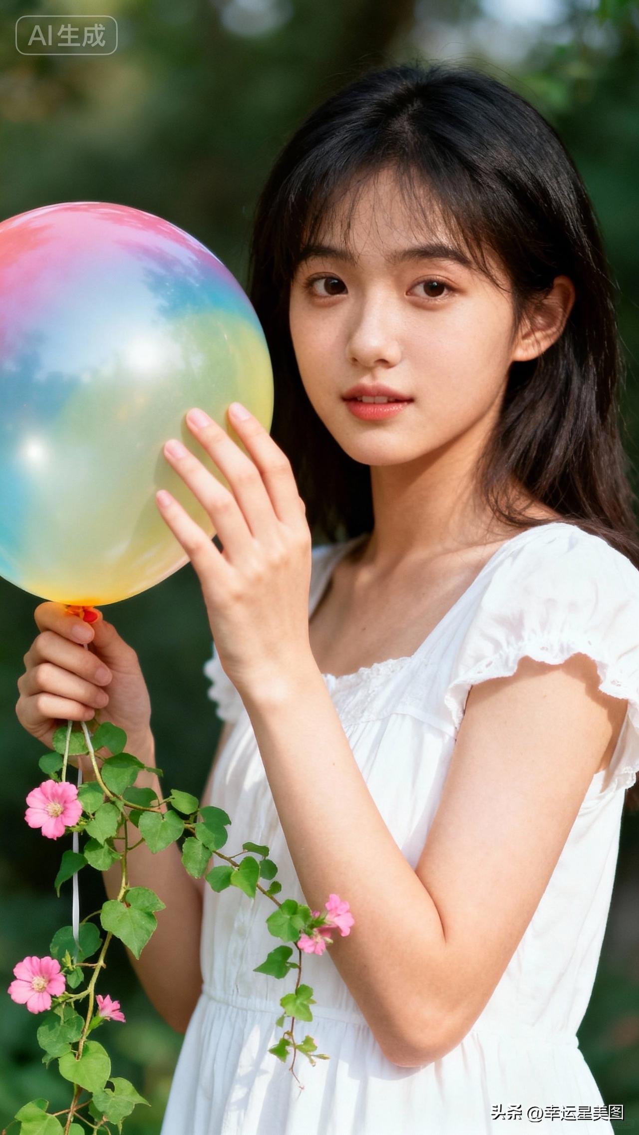 一个女孩拿着彩色气球，面带微笑。