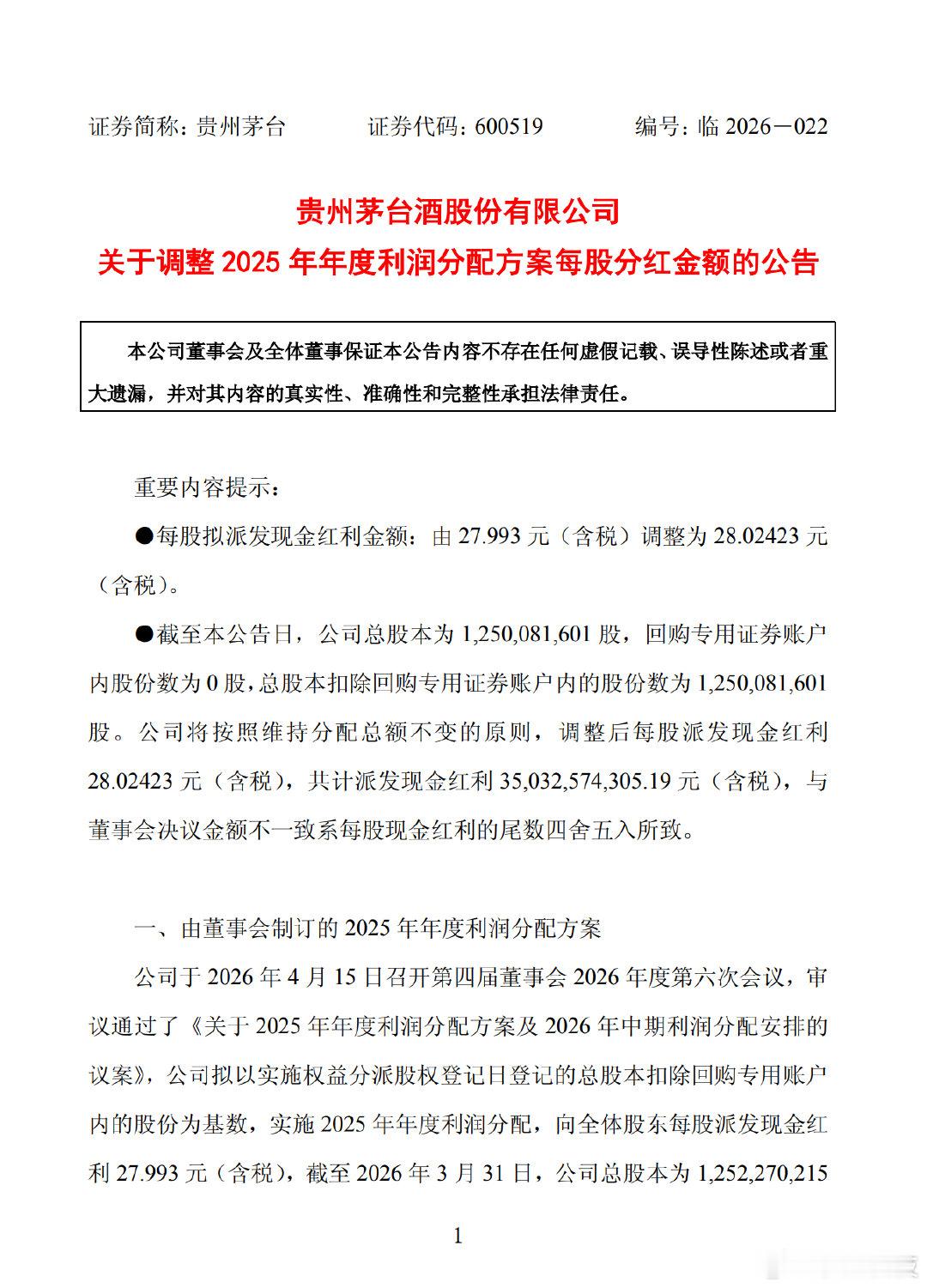 【贵州茅台每股分红上调至28.02元】据每日经济新闻，6月2日， 贵州茅台公告，