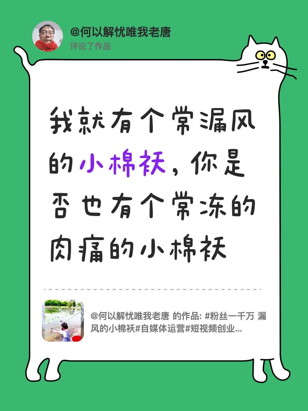 我评论了@何以解忧唯我老唐 的作品：
我就有个常漏风的小棉袄，你是否也有个常冻的