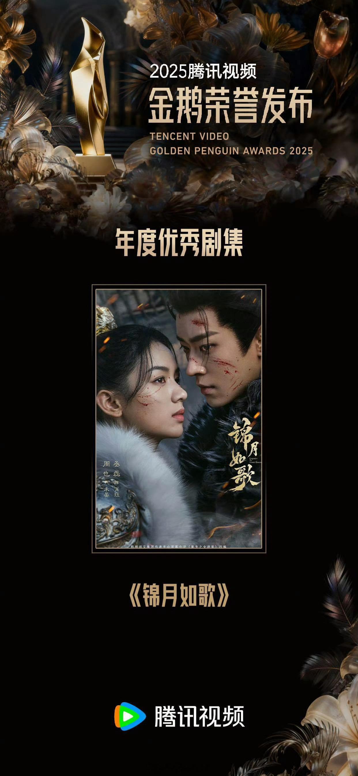 恭喜周也丞磊《锦月如歌》获得金鹅荣誉腾讯视频年度优秀剧集啦！