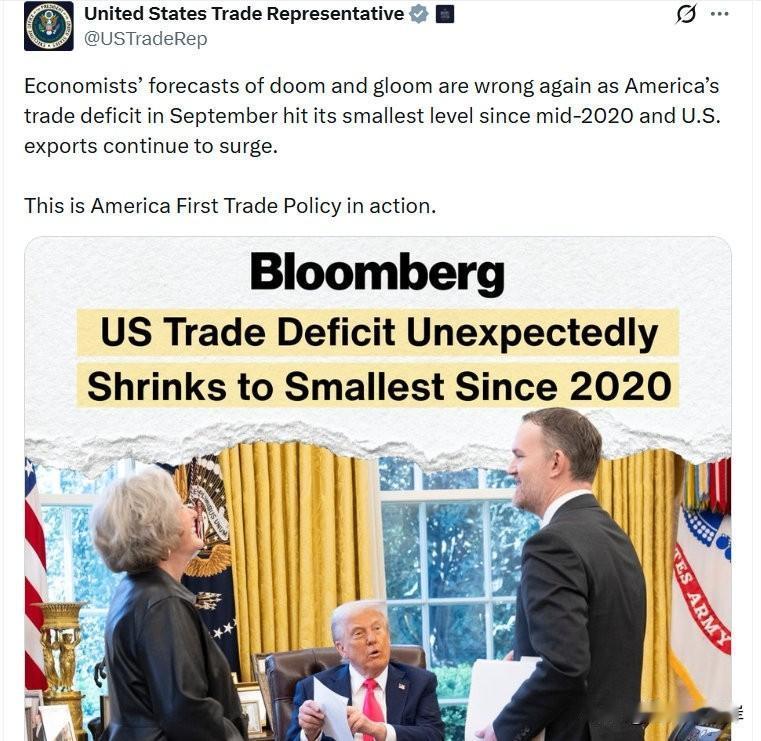 美国贸易代表办公室转发彭博社的报道，并配文点赞“美国优先”的贸易政策。
“经济学