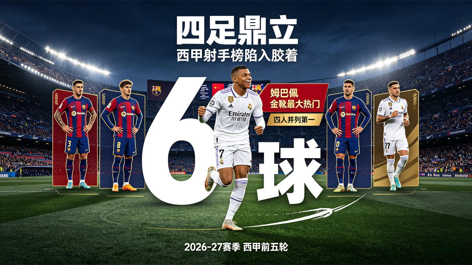 四足鼎立！西甲射手榜杀疯了，姆巴佩仍是金靴最大热门2026‑27赛季西甲联赛激战