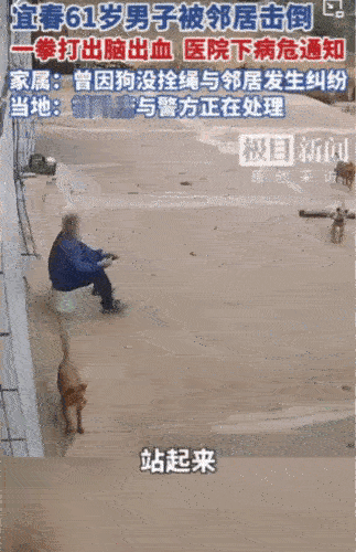 又是养狗引发的伤人事件。事发12月12日，江西宜春市。
身穿蓝色衣服男子坐在门口