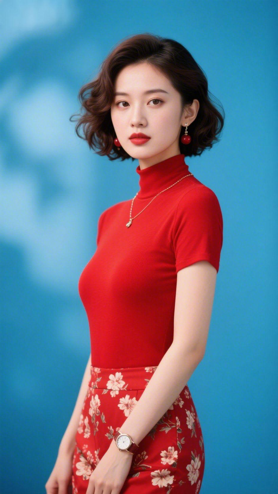 《红衫栖柔蓝》
 
暖红衣料衬着舒展的肩线，像把霞色软意织进针脚，裙间花影沾着淡