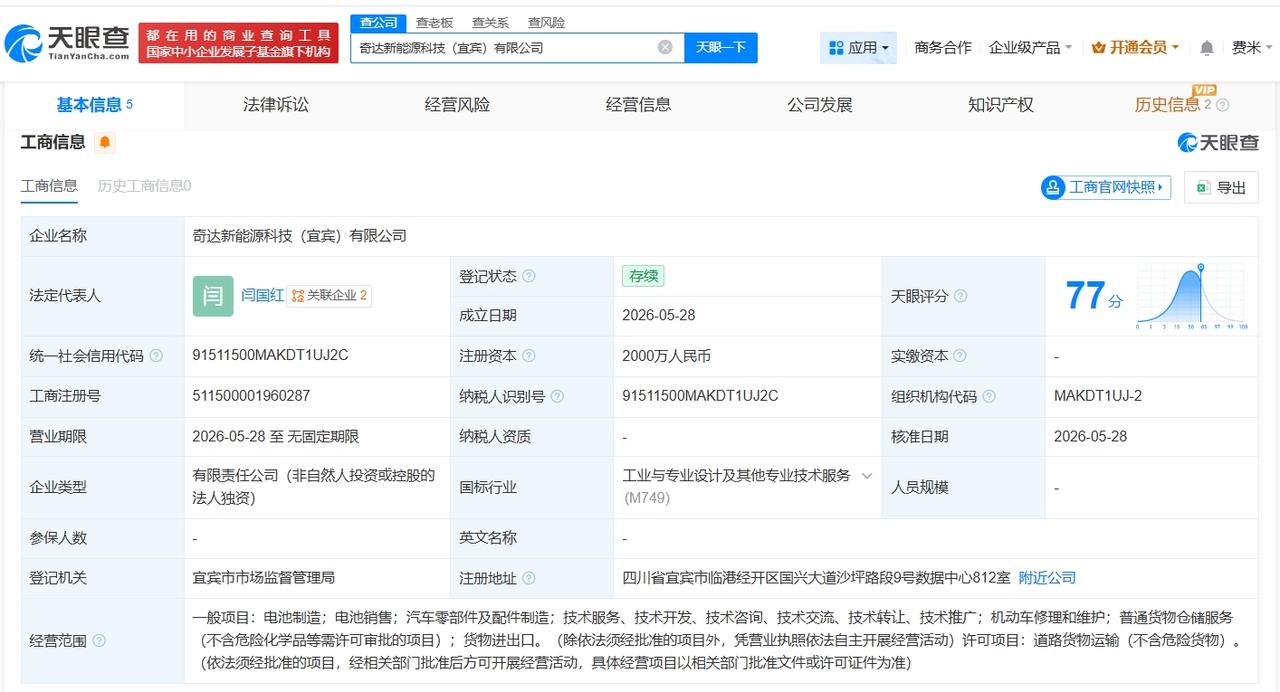天眼查App显示，近日，奇达新能源科技（宜宾）有限公司成立，法定代表人为闫国红，