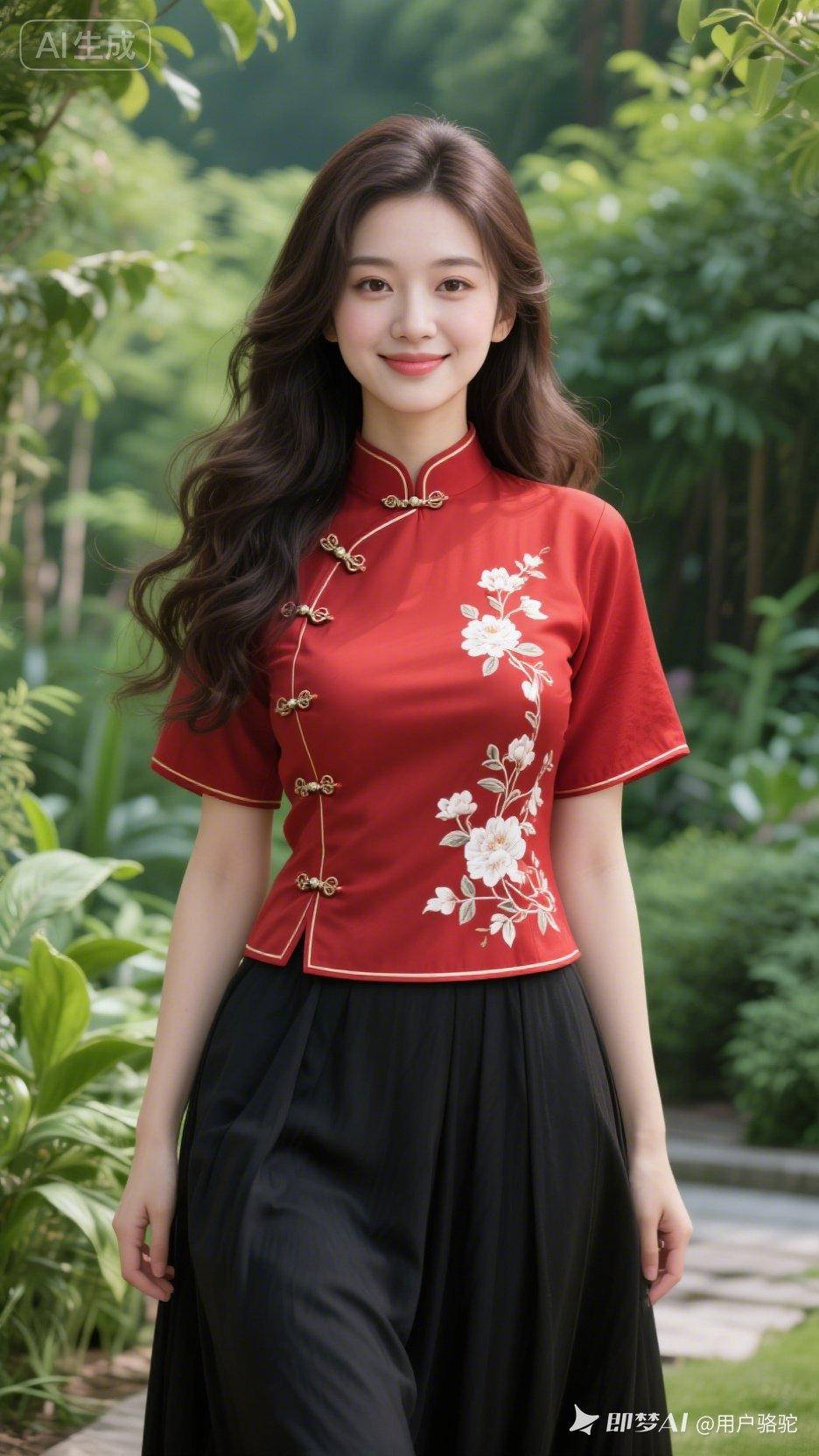 优雅红裙，花间漫步，尽显东方韵味！
