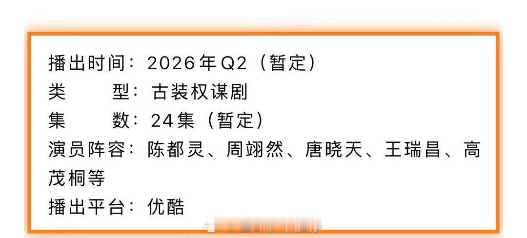 陈都灵、周翊然《翘楚》开启招商，👖备播6月。 