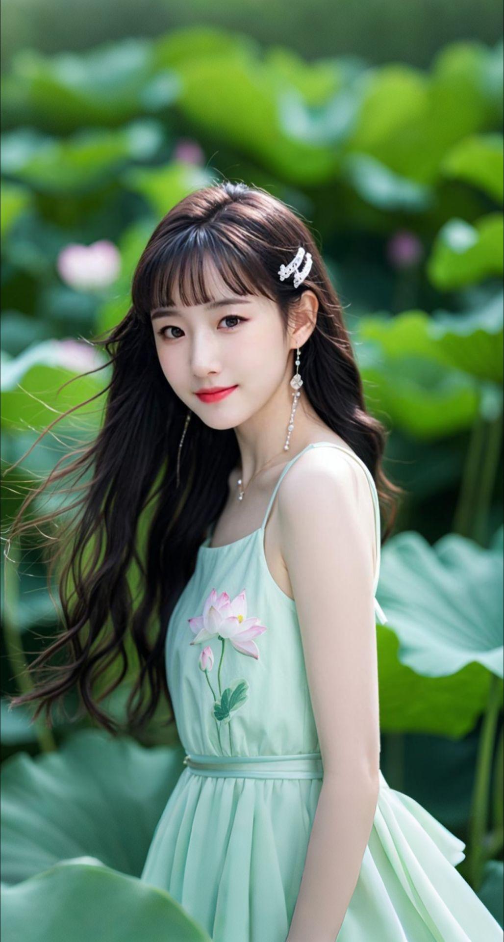 AI扩图 AI绿裙赏荷少女