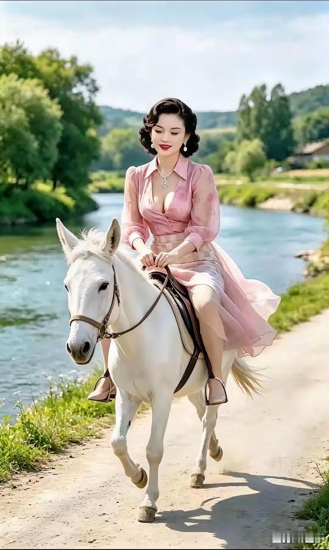 优雅骑马，粉裙飘逸，田园风光美如画。
