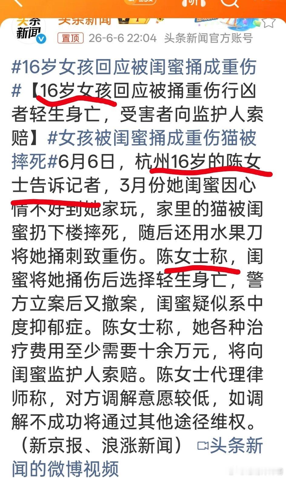 女孩被闺蜜捅成重伤猫被摔死16岁的陈女士………