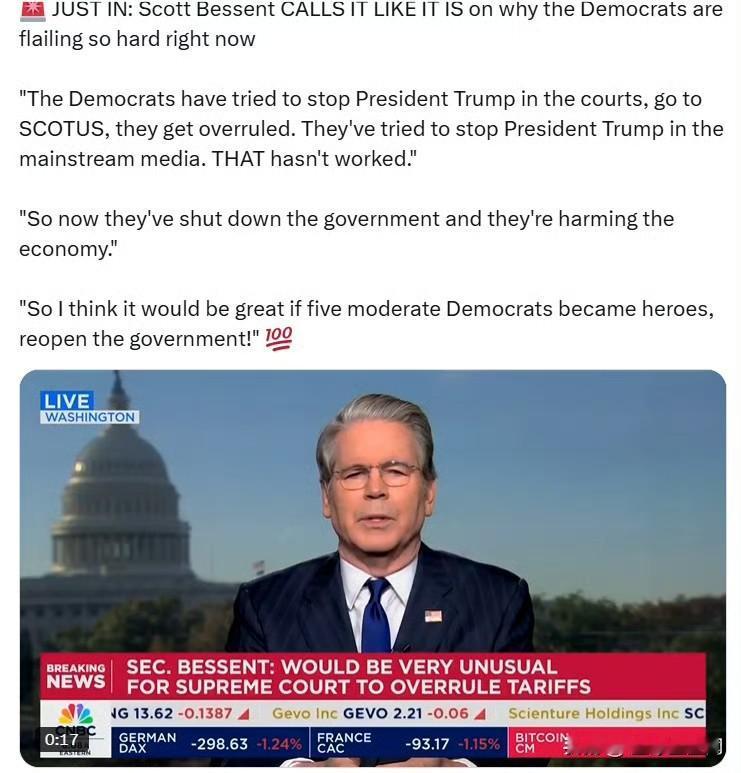 财长斯科特·贝森特指出了为什么民左党现在会陷入如此混乱：

“民左党试图在法院里