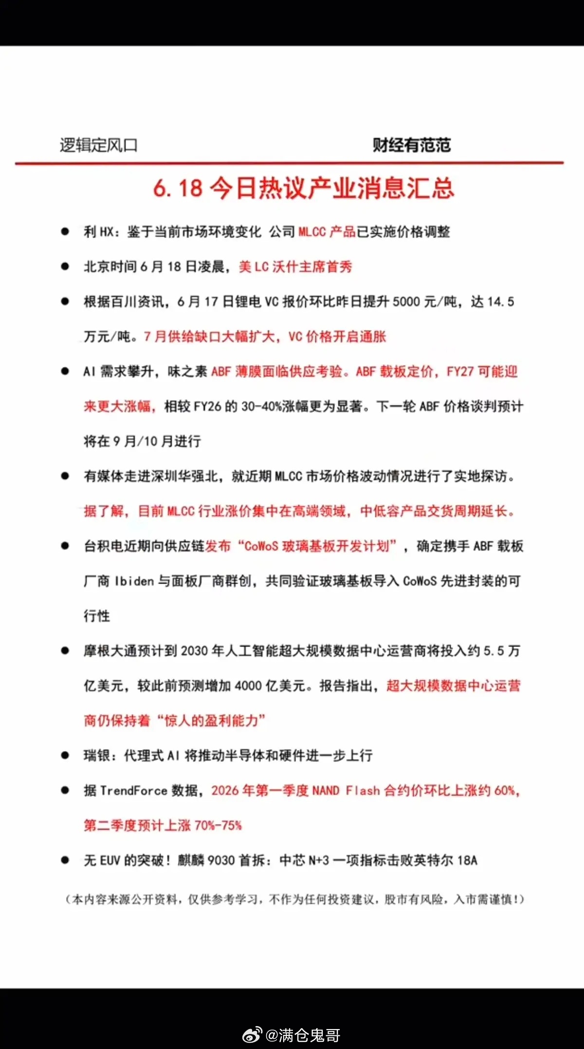 6.18周四  盘前：财经热点+信息参考！1.锂电池VC供应缺口2.MLCC涨价