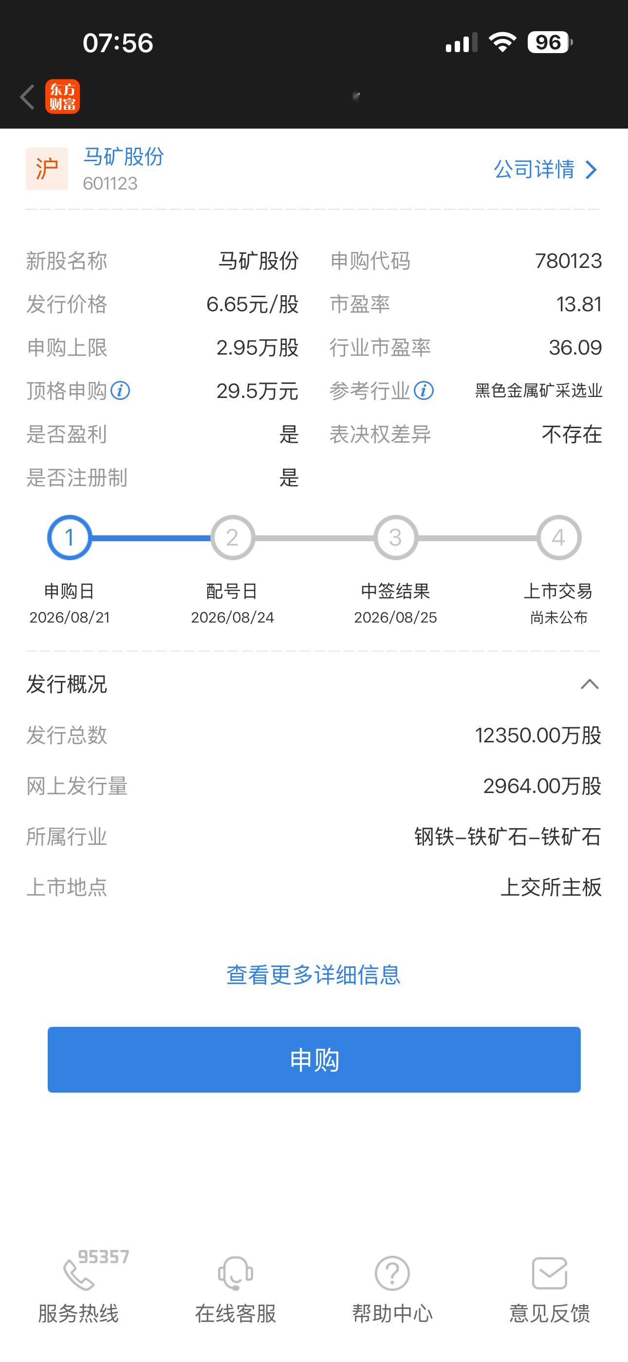 今日申购提醒 沪：马矿股份 