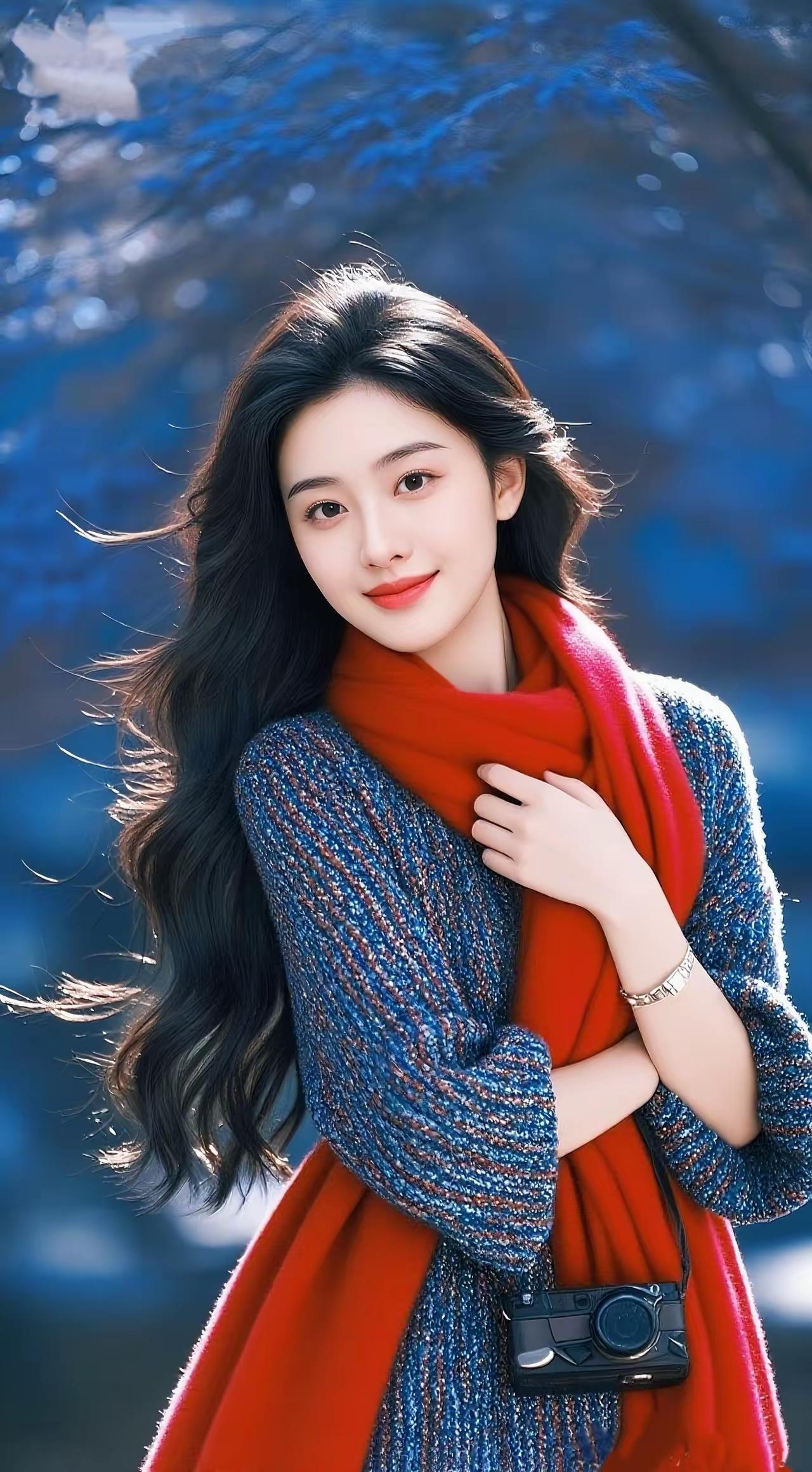 冬日暖阳下，红围巾与蓝毛衣的碰撞，温暖又时尚！🌞👗🧣