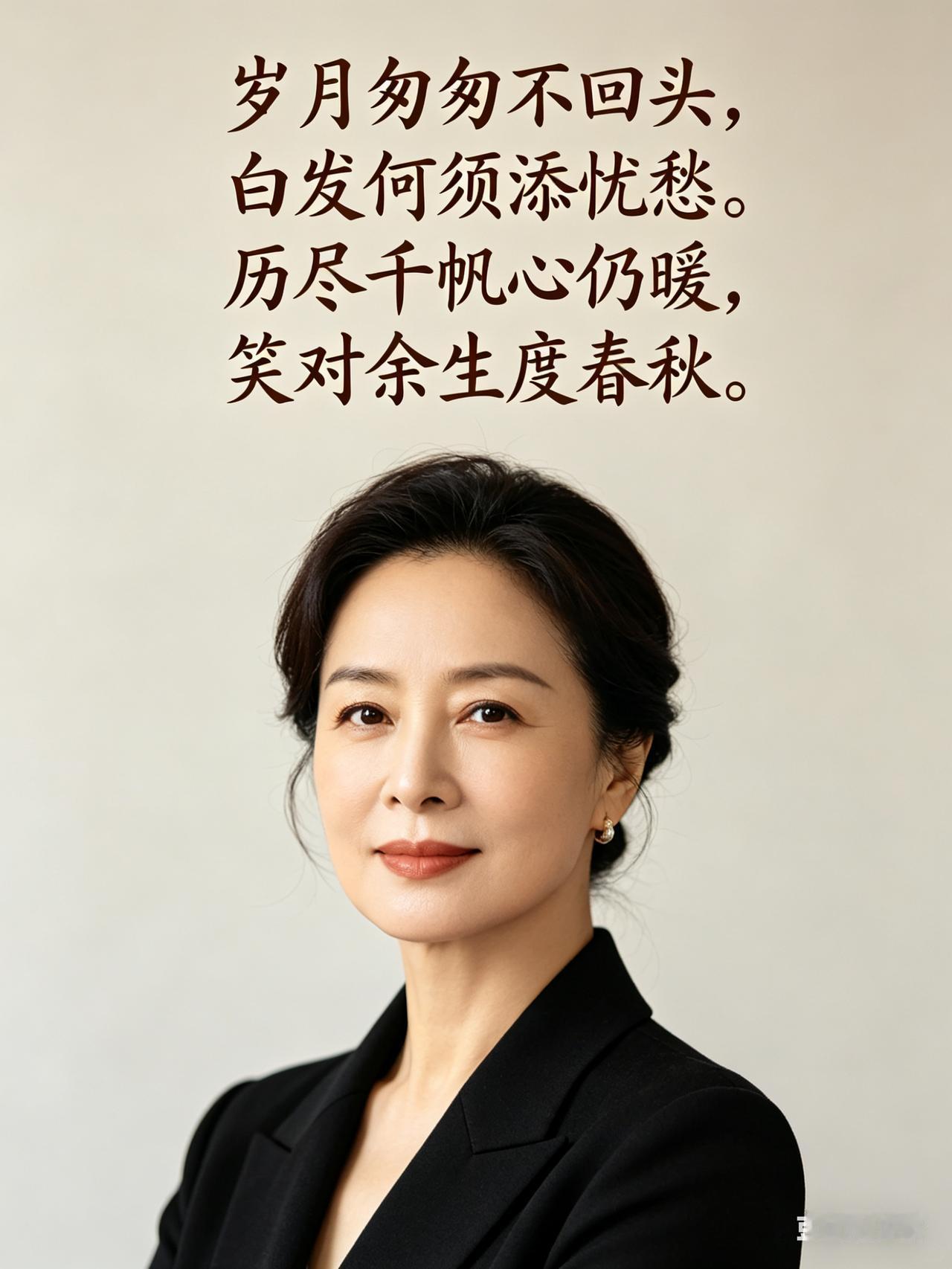 写实人像，温婉知性中年女子，神态从容柔和，简约雅致背景。画面上方居中深棕行书题诗