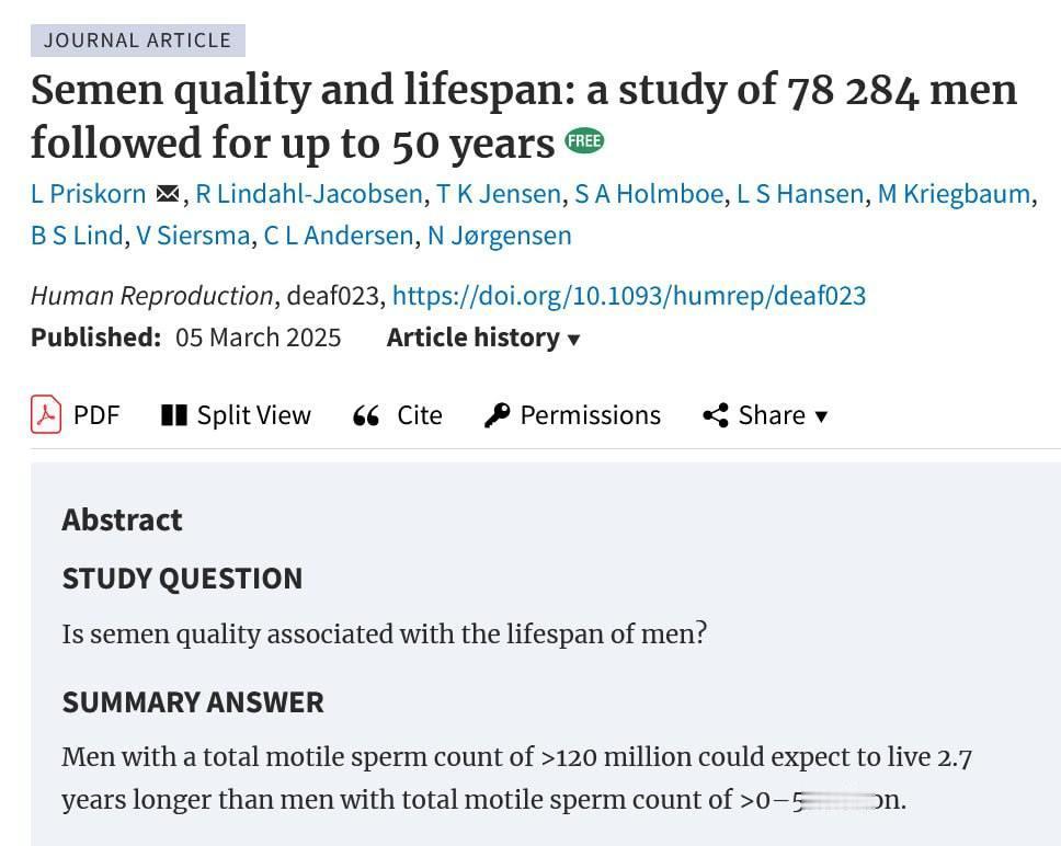 精液质量最好的男性，平均寿命多出两到三年

先前的研究表明，男性不育和精液质量低