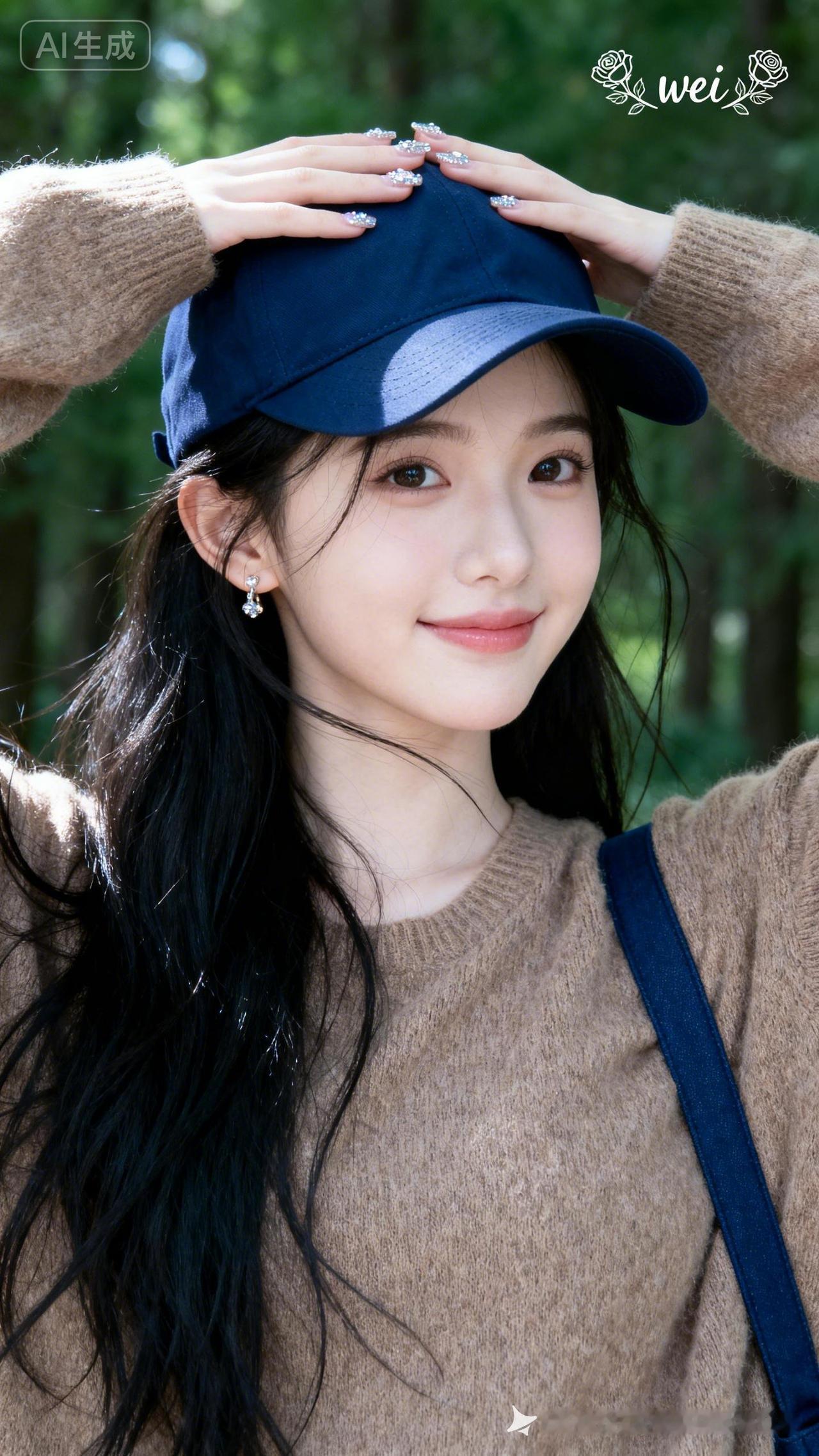 江南少女黑长直蓬松垂肩、几缕拂面凌乱，戴深蓝棒球帽，浅棕宽松毛衣搭同色单肩包，举