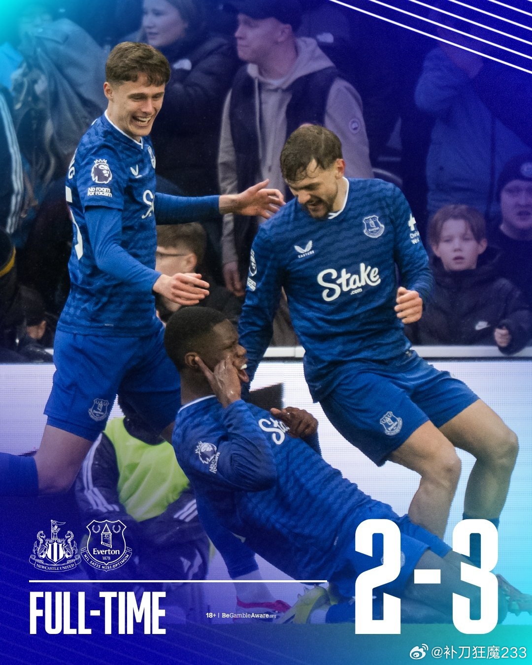 赢纽卡斯尔总是很开心的，因为看见出生吃瘪就很爽。尤其是纽卡斯尔两次进球后埃弗顿都