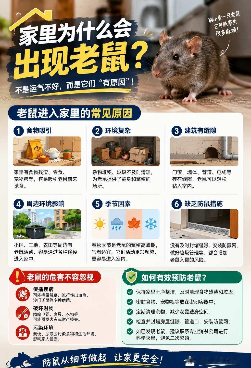 家里面为什么会出现老鼠？我们该怎么做？
家里出现老鼠，通常是因为环境里同时具备了