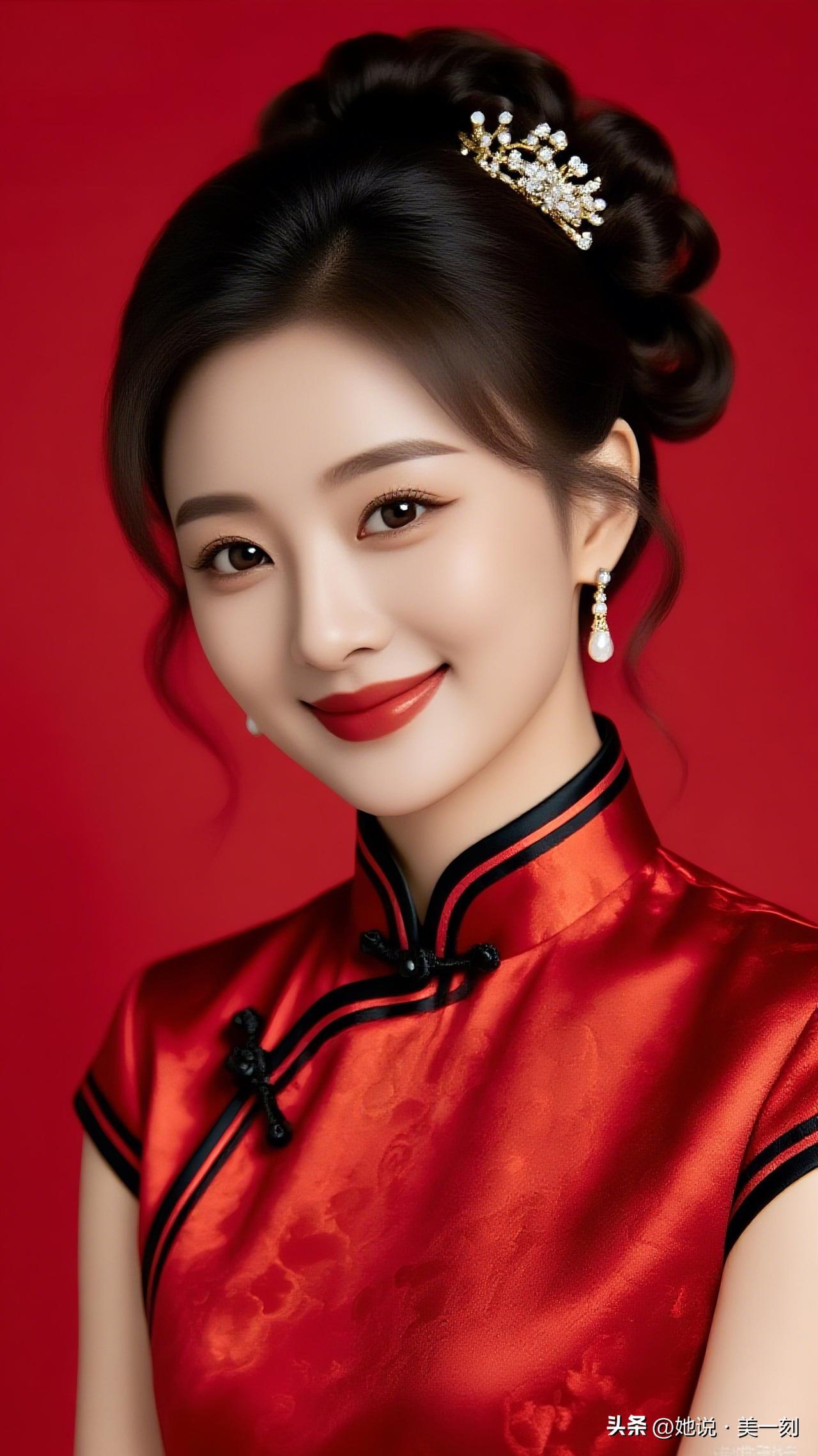 红妆美人笑，金钗映玉颜。春日生活打卡季 优雅旗袍照，红唇与黑发相映成趣，尽显东方