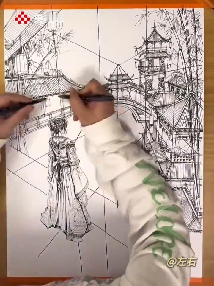 博主展示超强画工，"左右开弓"绘出江南烟雨。
央视频。
点赞中式美学。