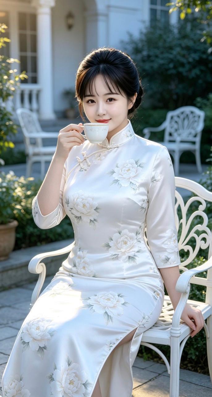 青瓷杯中茶，花影映美人。