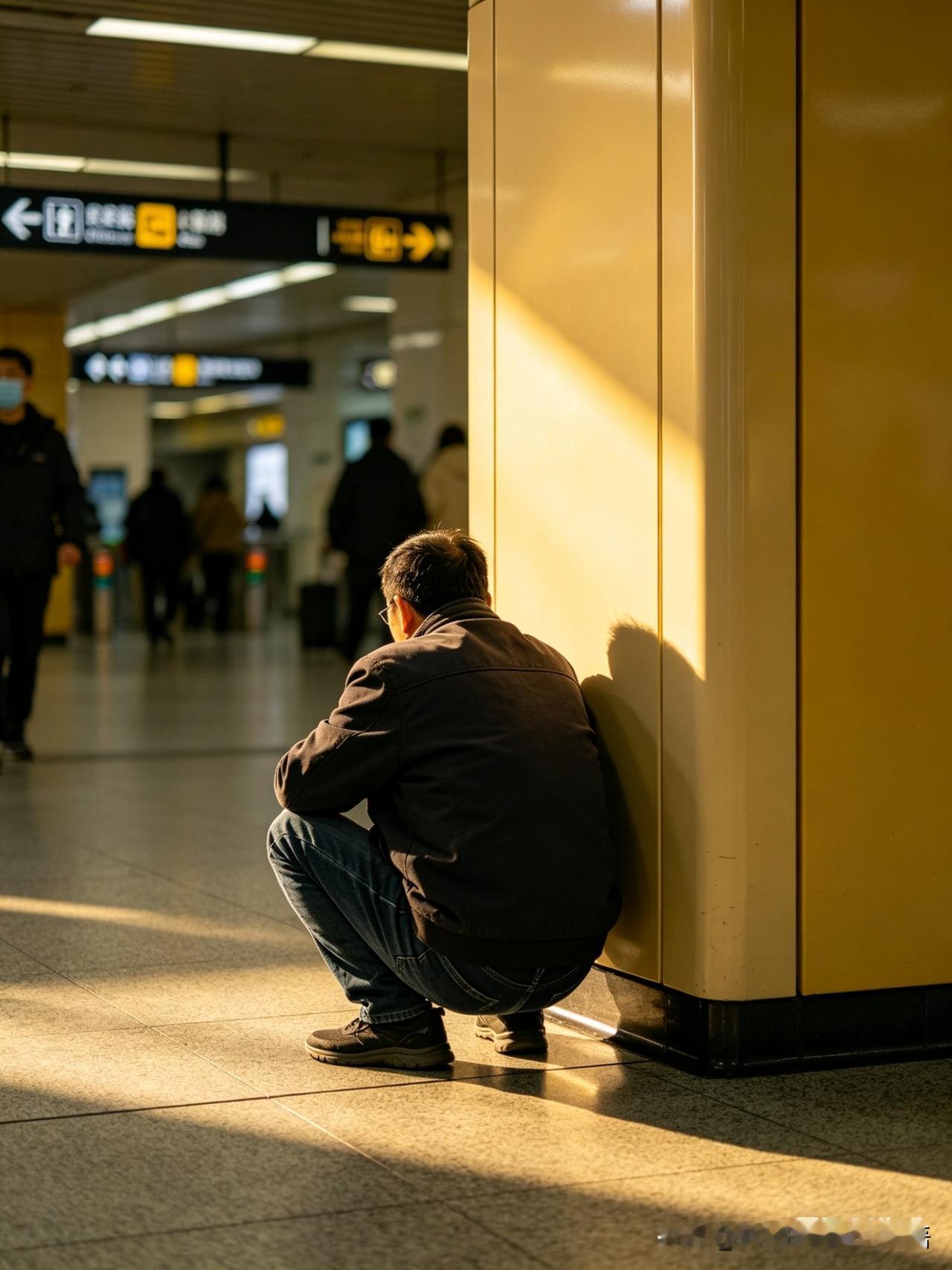 每晚八点左右，在万达广场溜达，总能看到那个三十多岁的小伙，雷打不动蹲在店铺一角。
