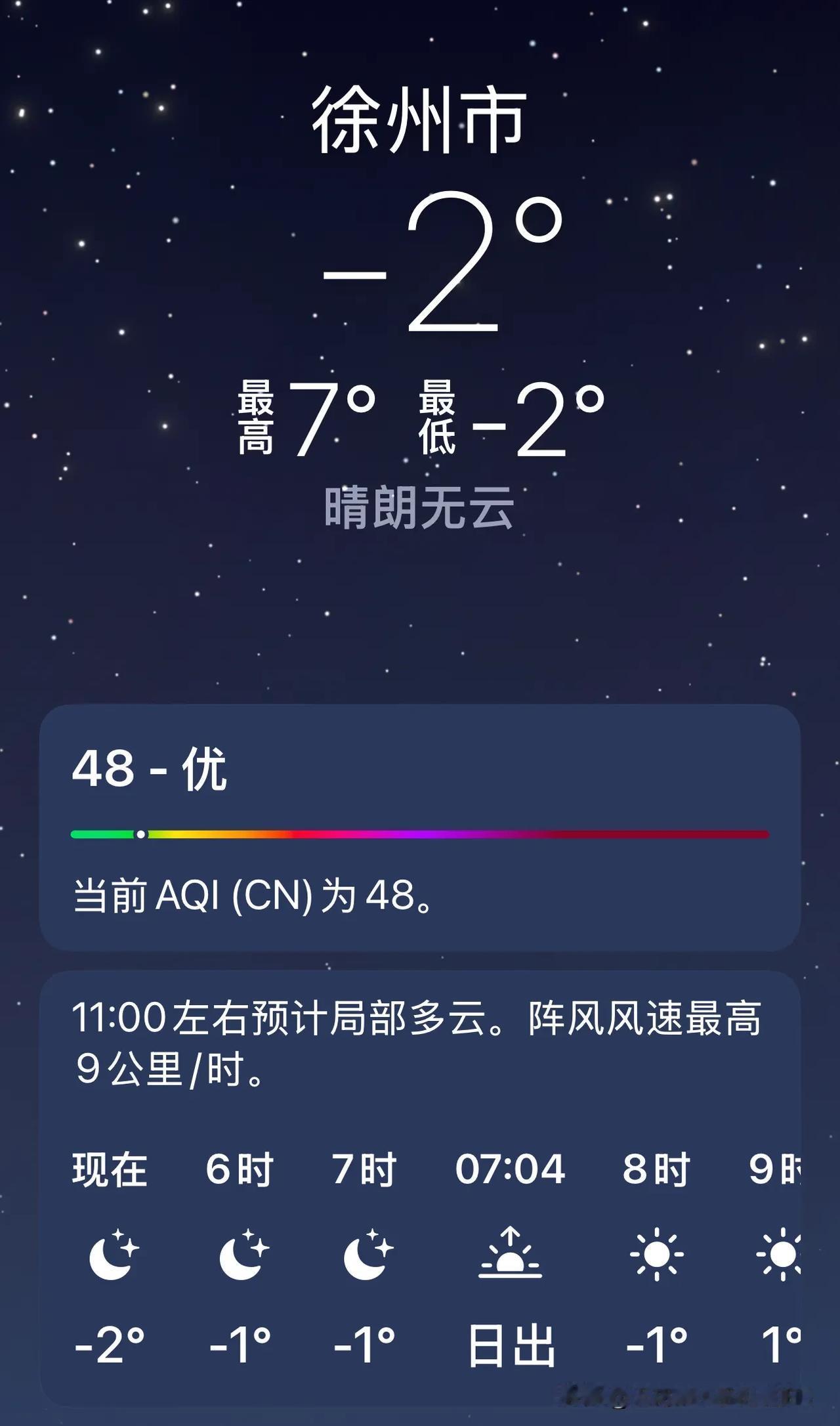 今天徐州的气温-2°C——7°C，气温明显变冷，今后10天低温都是在-1到-2度