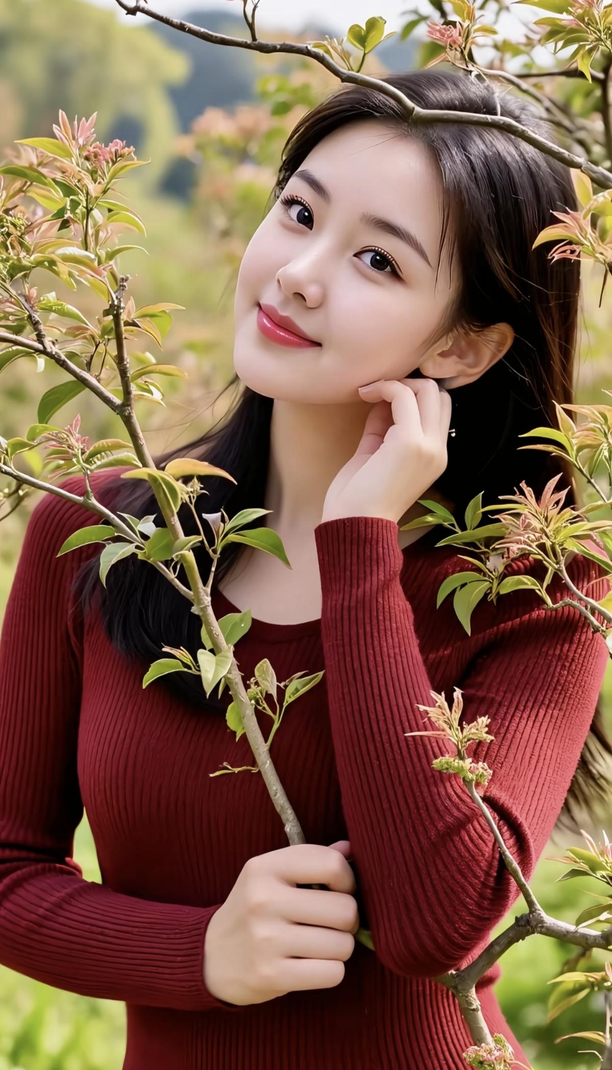 红衣映绿枝，笑语入春光。