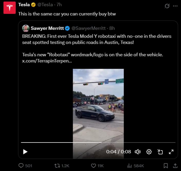 【特斯拉Robotaxi开启公共道路测试】特斯拉Robotaxi近日在德克萨斯州