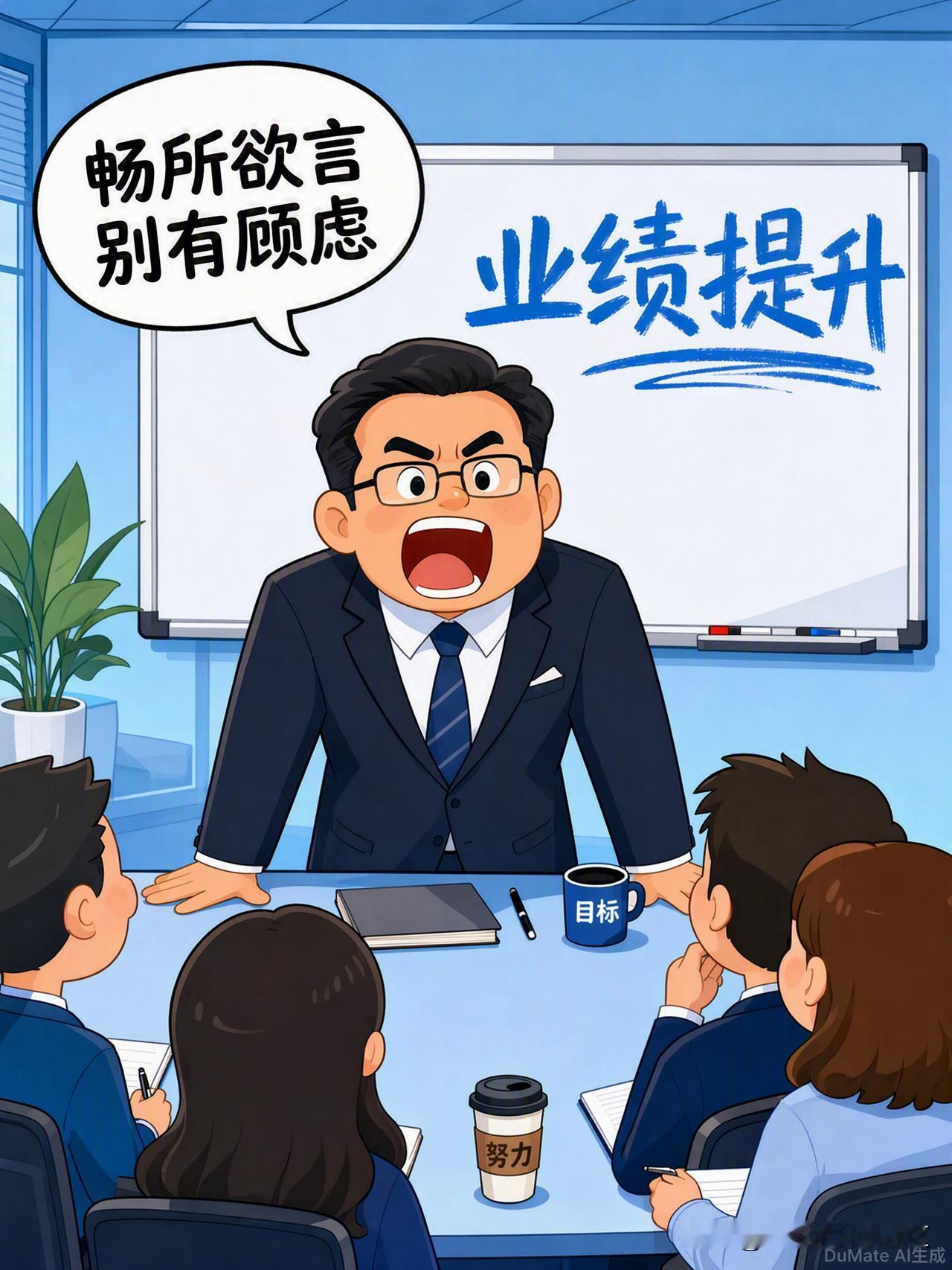 《畅所欲言》
周一早会，王总站在白板前，身后的"业绩提升"四个大字写得龙飞凤舞。