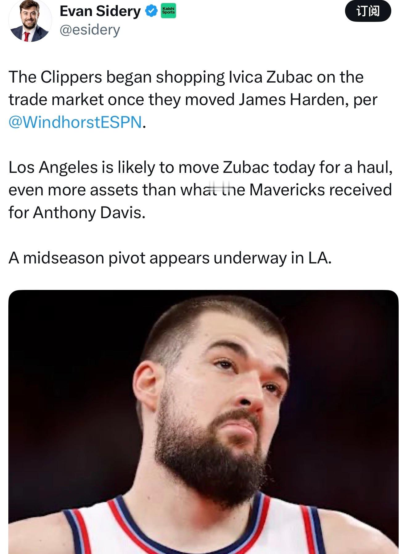 Windhorst：“快船队在交易哈登后就开始在交易市场上兜售伊维察·祖巴茨。”