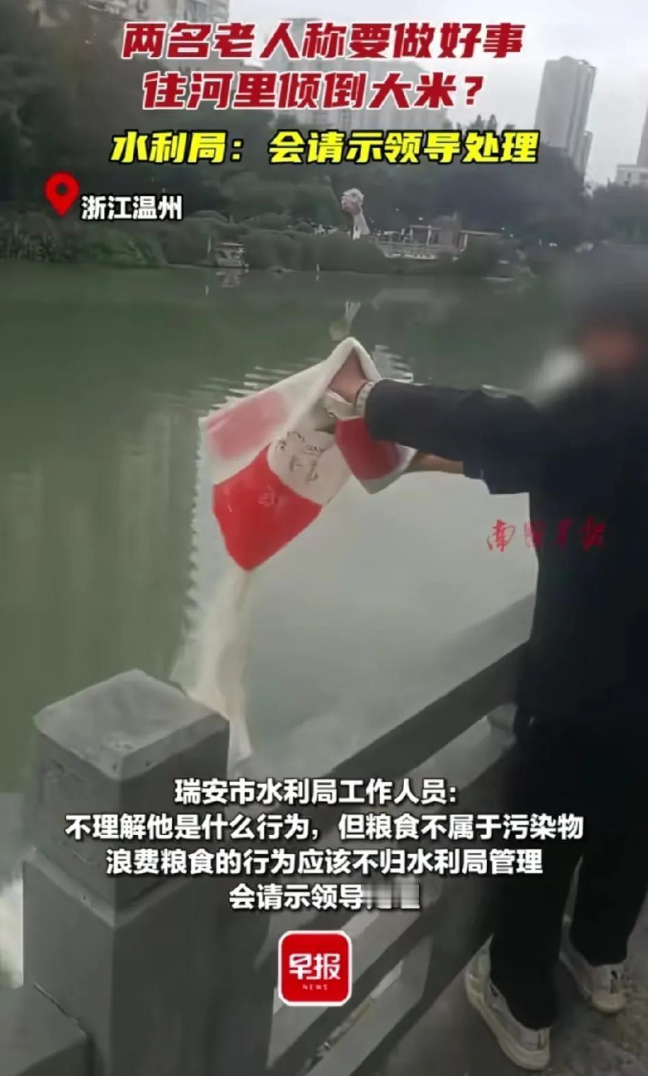 12月10日，浙江温州瑞安，俩老人成袋往河塘里倾倒大米，其中一人称是做好事。
瑞