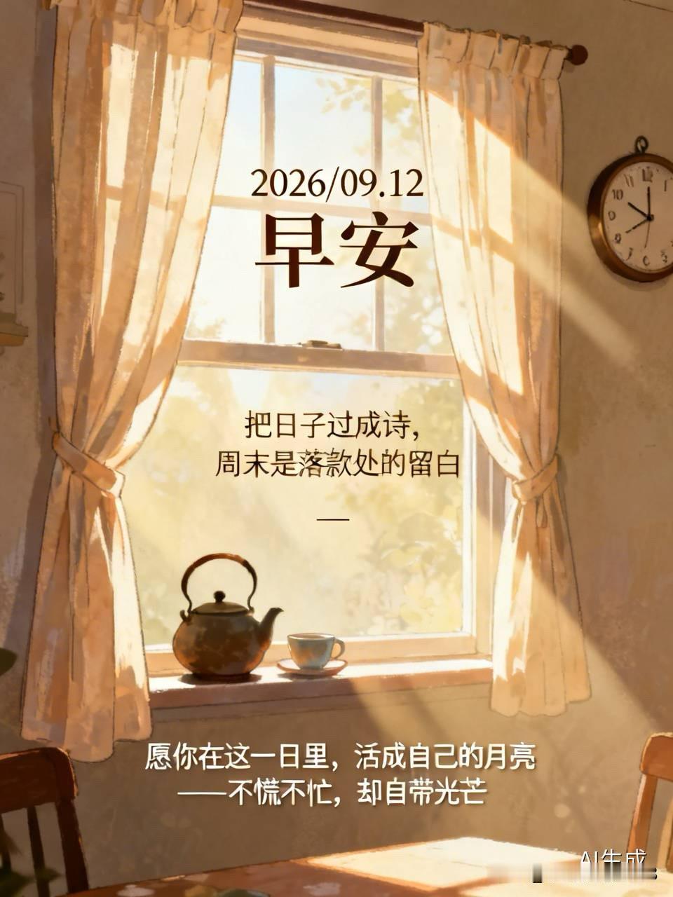 ²⁰²⁶/₀₉.₁₂ 早安🌿
把日子过成诗，周末是落款处的留白✍️

晨光像被
