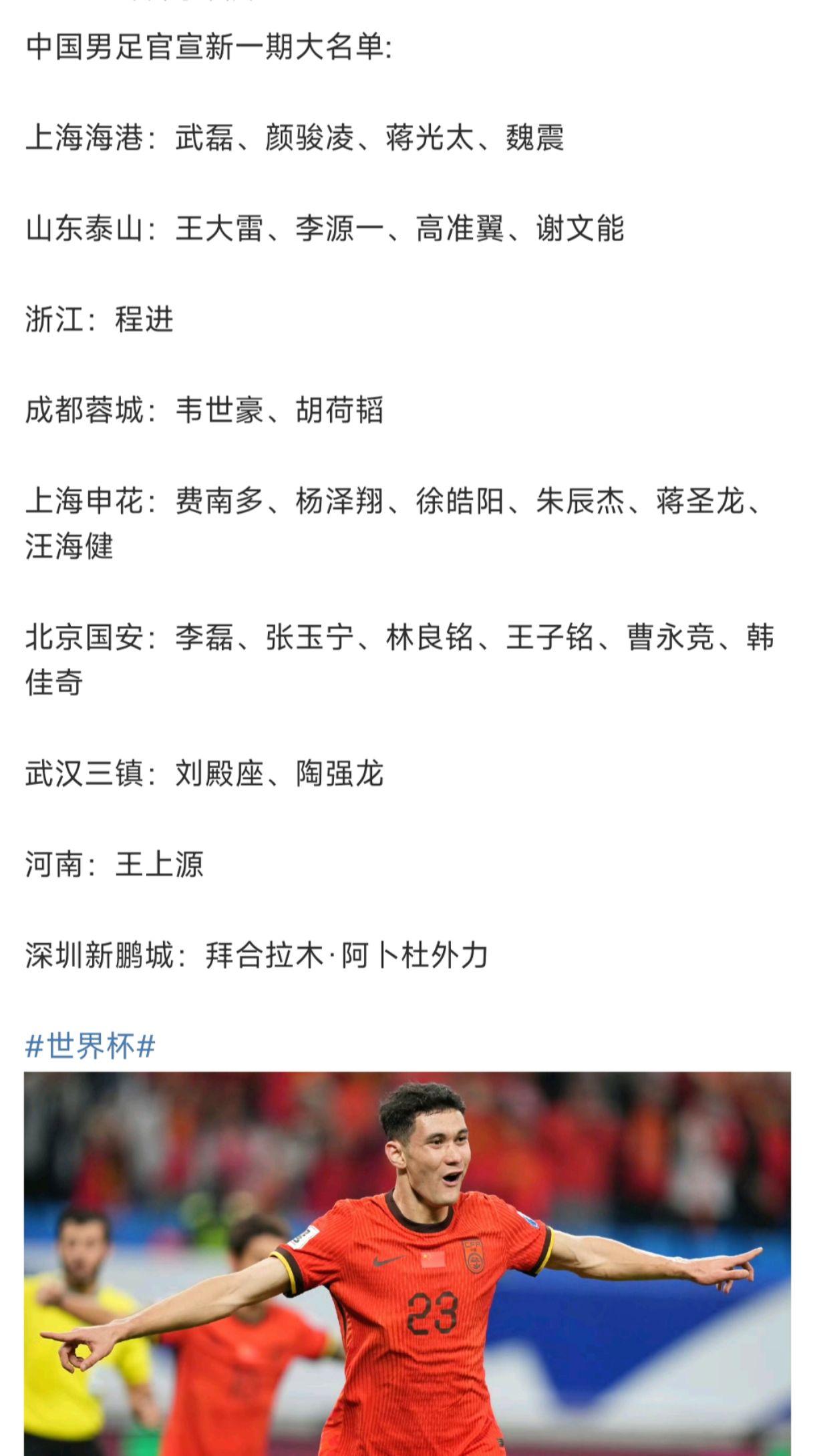 中国男足官宣新一期备战大名单。上海海港：武磊、颜骏凌、蒋光太、魏震  ...