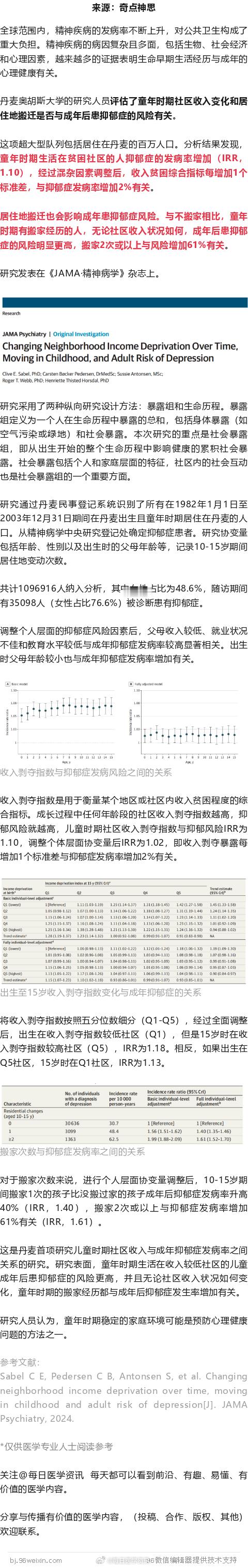 《JAMA·精神病学》：超百万人分析，童年时期搬家2次以上与成年后抑郁风险升高6