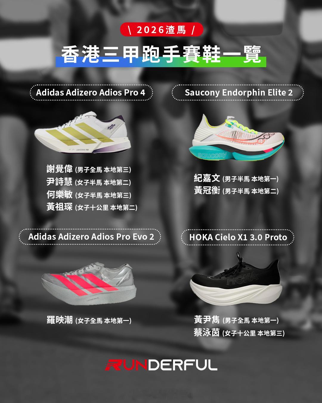 2026渣打香港马拉松个组别站台选手跑步用鞋。以及明星（发哥、肥猫……）跑步用鞋