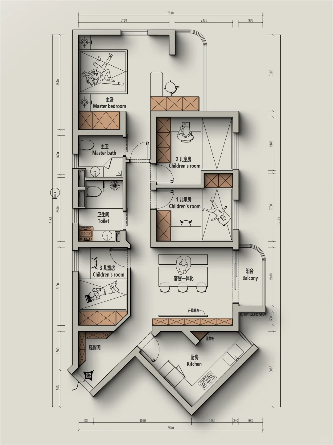 户型改造82m²｜三孩之家三室改四室