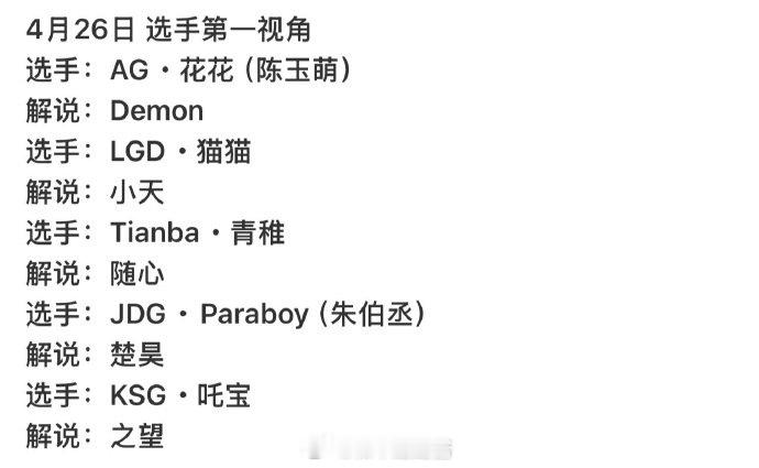 4月26日总决赛的第一视角公布如下  花花  猫猫  青稚  伞兵   吒宝20