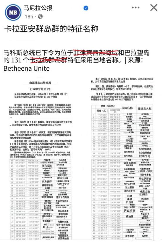 菲媒：菲律宾总统小马科斯，宣布将中国南沙群岛的131个岛礁非法改名！
 
最近有