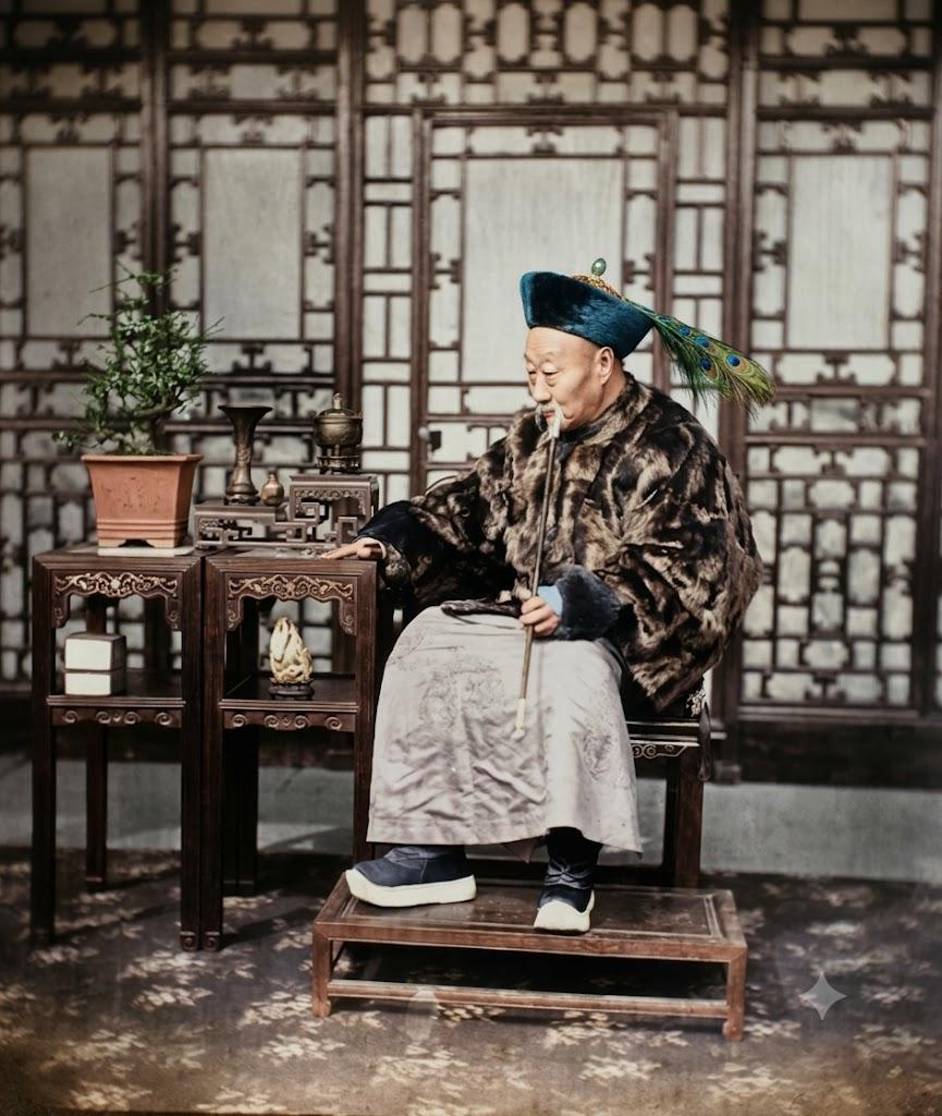 晚清，高官的居家留影，冬冠配华贵皮毛外袍，脚踩厚底官靴，手执长烟杆闲适端坐，身旁
