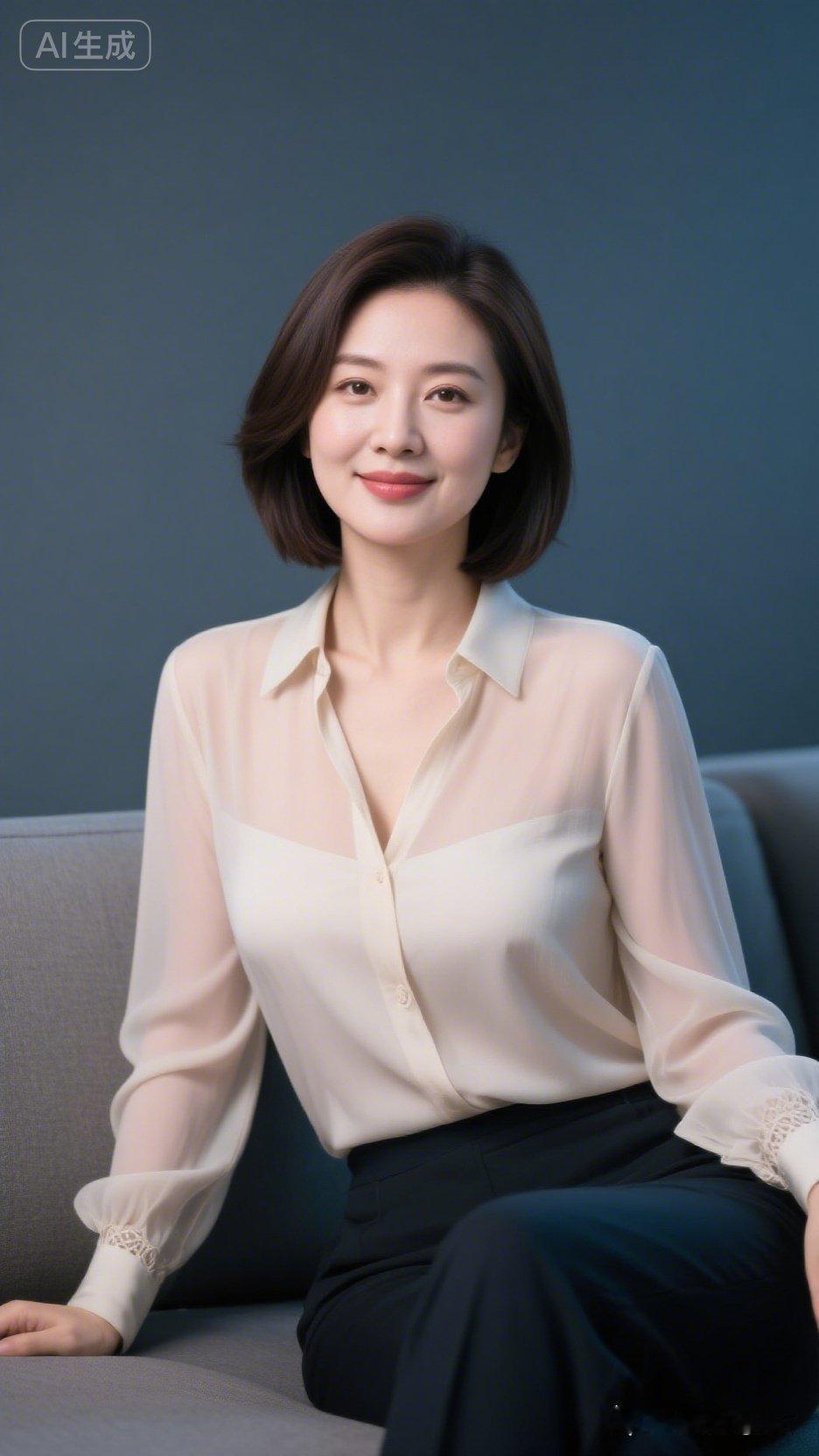 这位女士穿着白衬衫，坐在沙发上微笑。