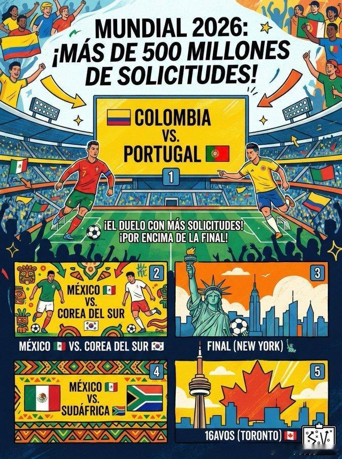 C罗 国际足联确认，葡萄牙对阵哥伦比亚的比赛是2026年世界杯门票申请量最高的比