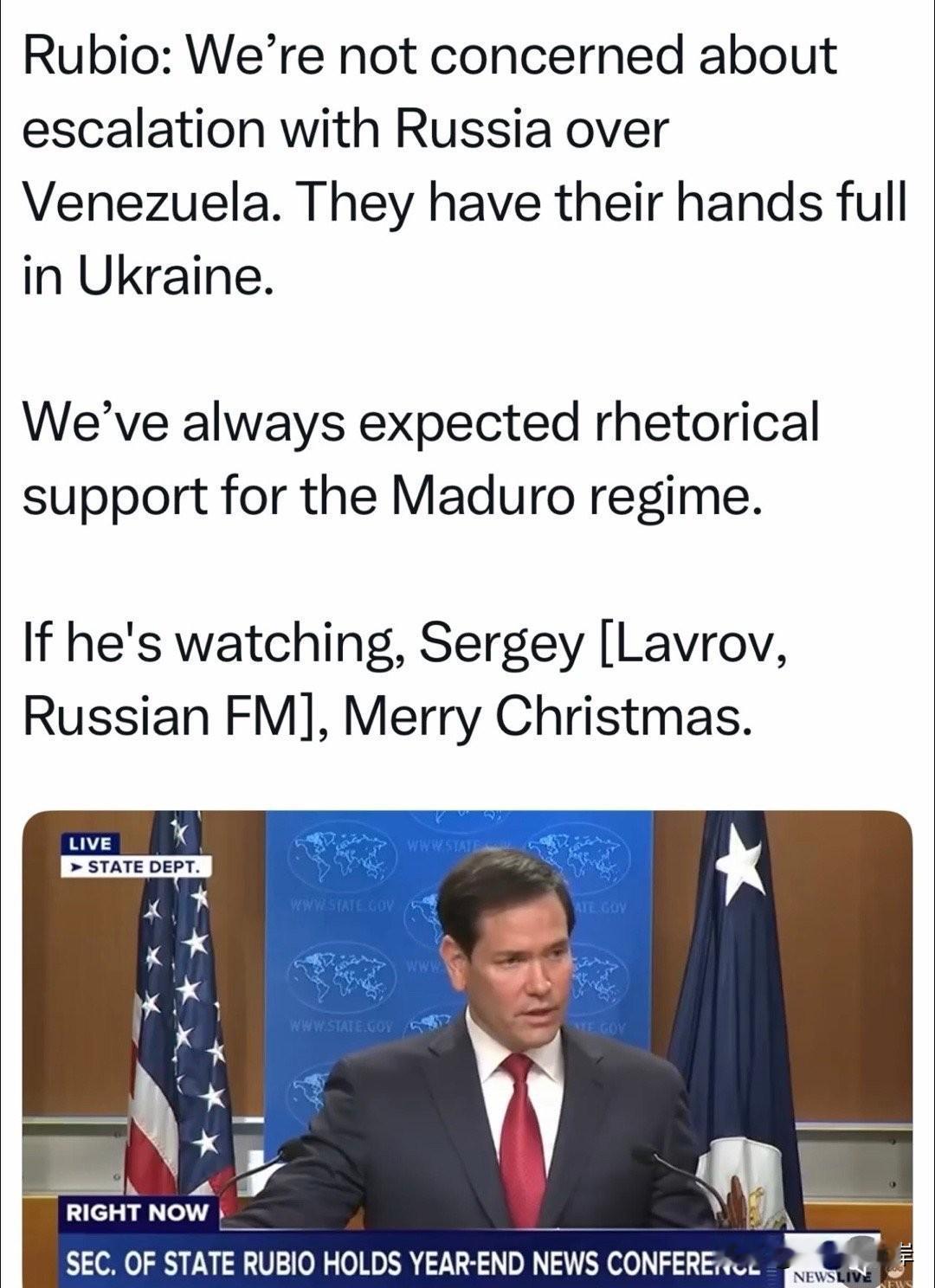 卢比奥表示不担心俄罗斯介入委内瑞拉局势。

“我们不担心因委内瑞拉而与俄罗斯升级