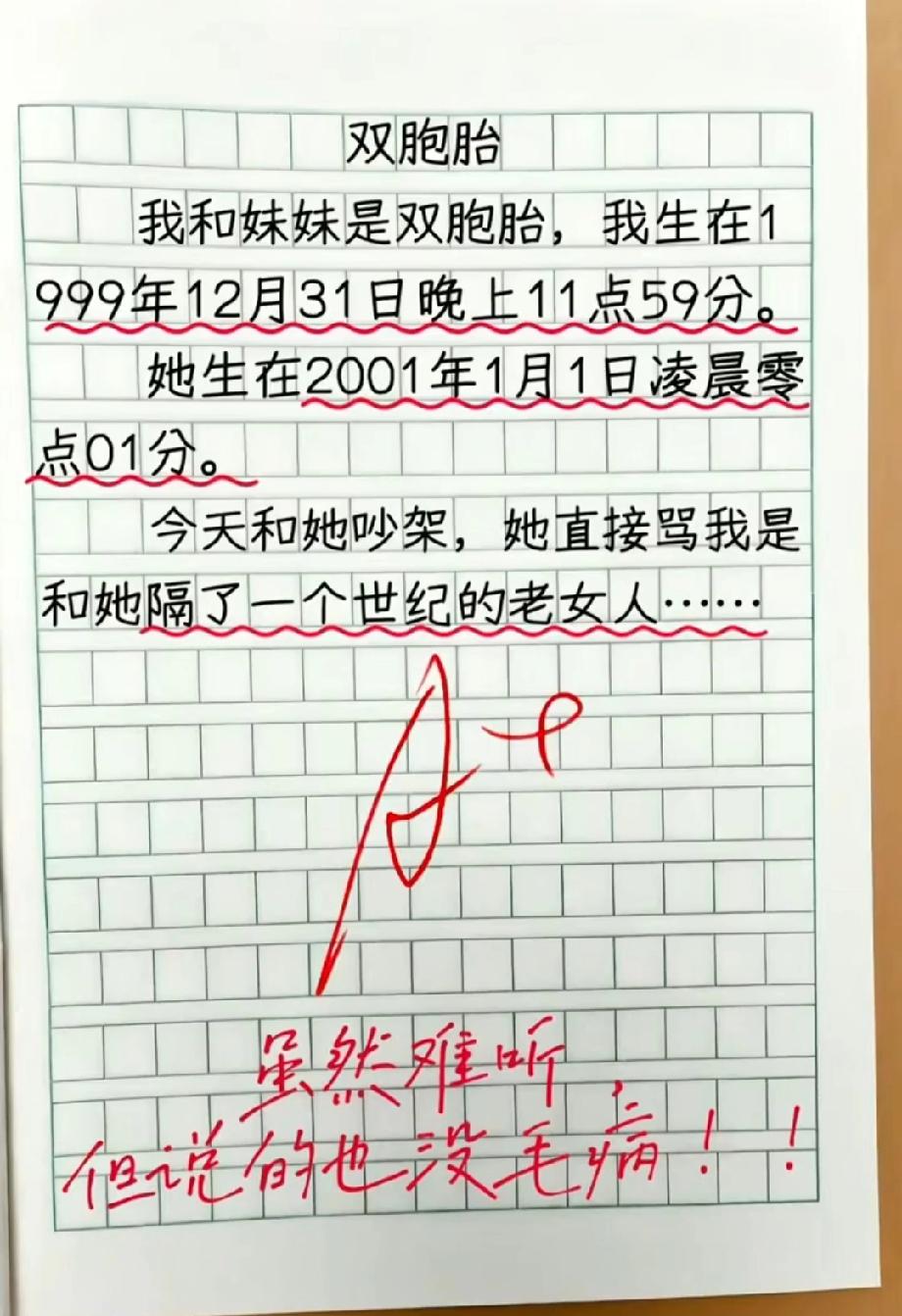 这篇小学生作文火了！双胞胎生日隔世纪，妹妹的骂架话让老师都服了，评论区见！