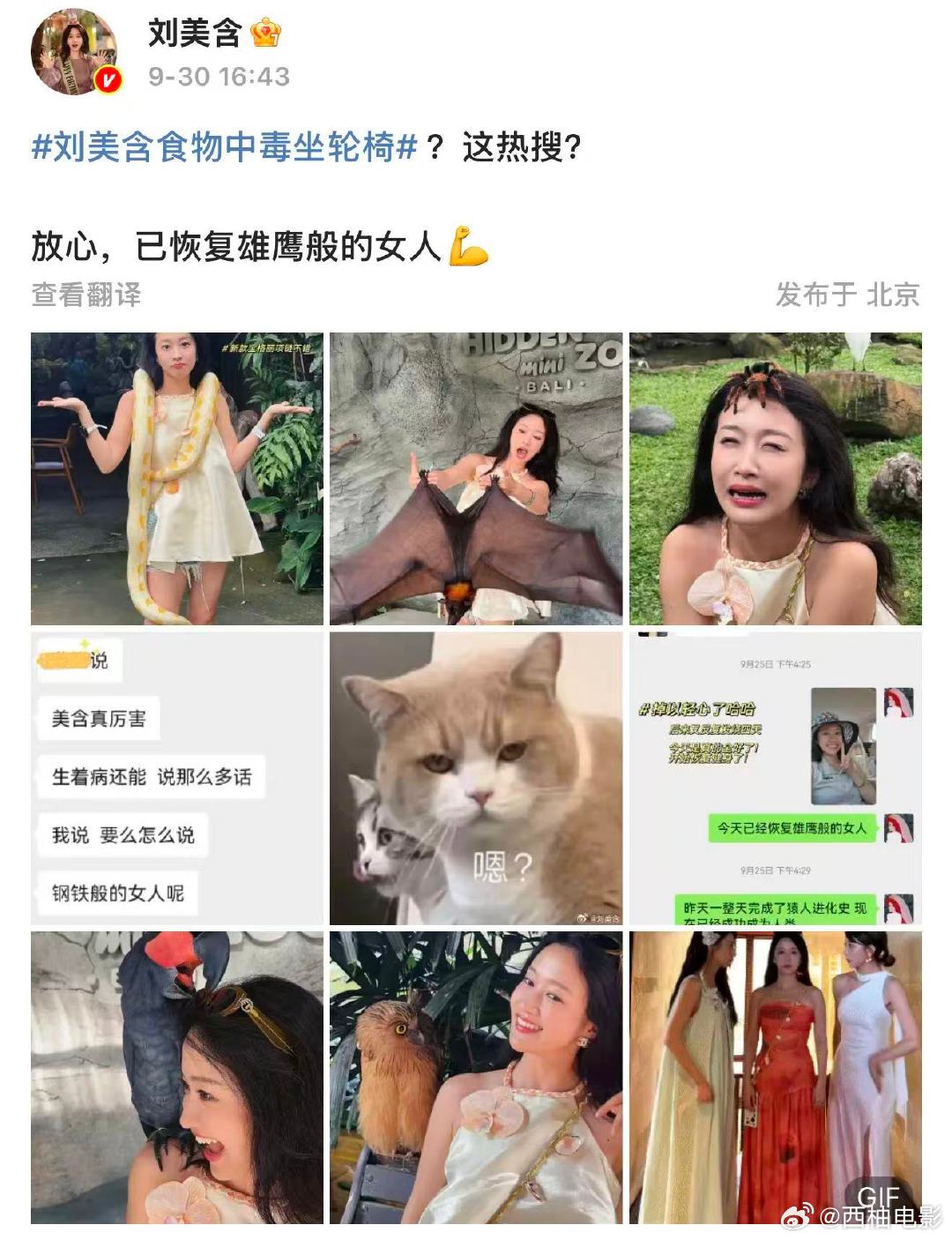 刘美含脖子挂蟒报平安刘美含说已恢复雄鹰般的女人 9月30日，晒脖子挂蟒照报平安“