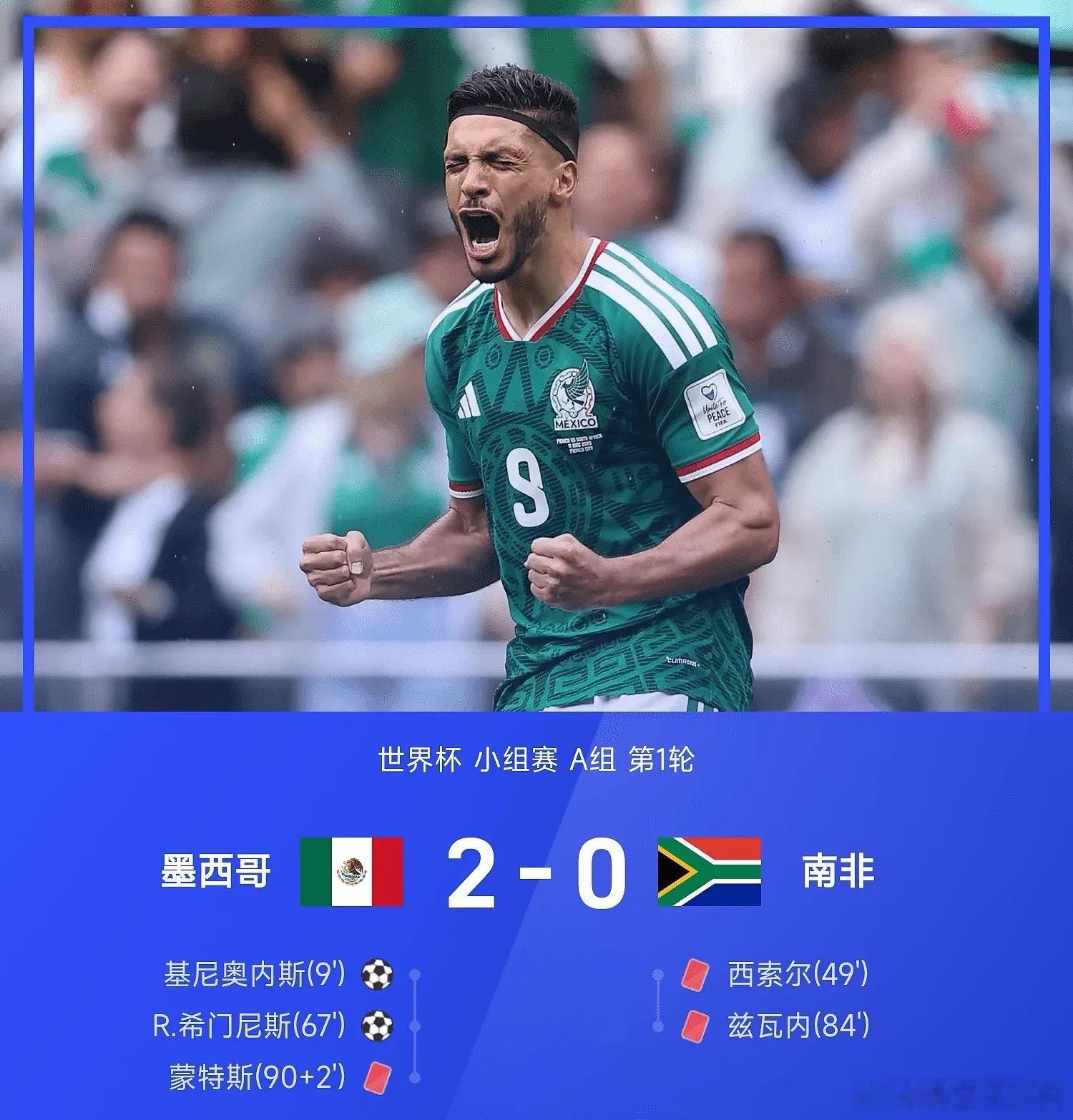 6月12日2026年世界杯揭幕战，墨西哥2-0战胜南非。上半场，第9分钟南非球员