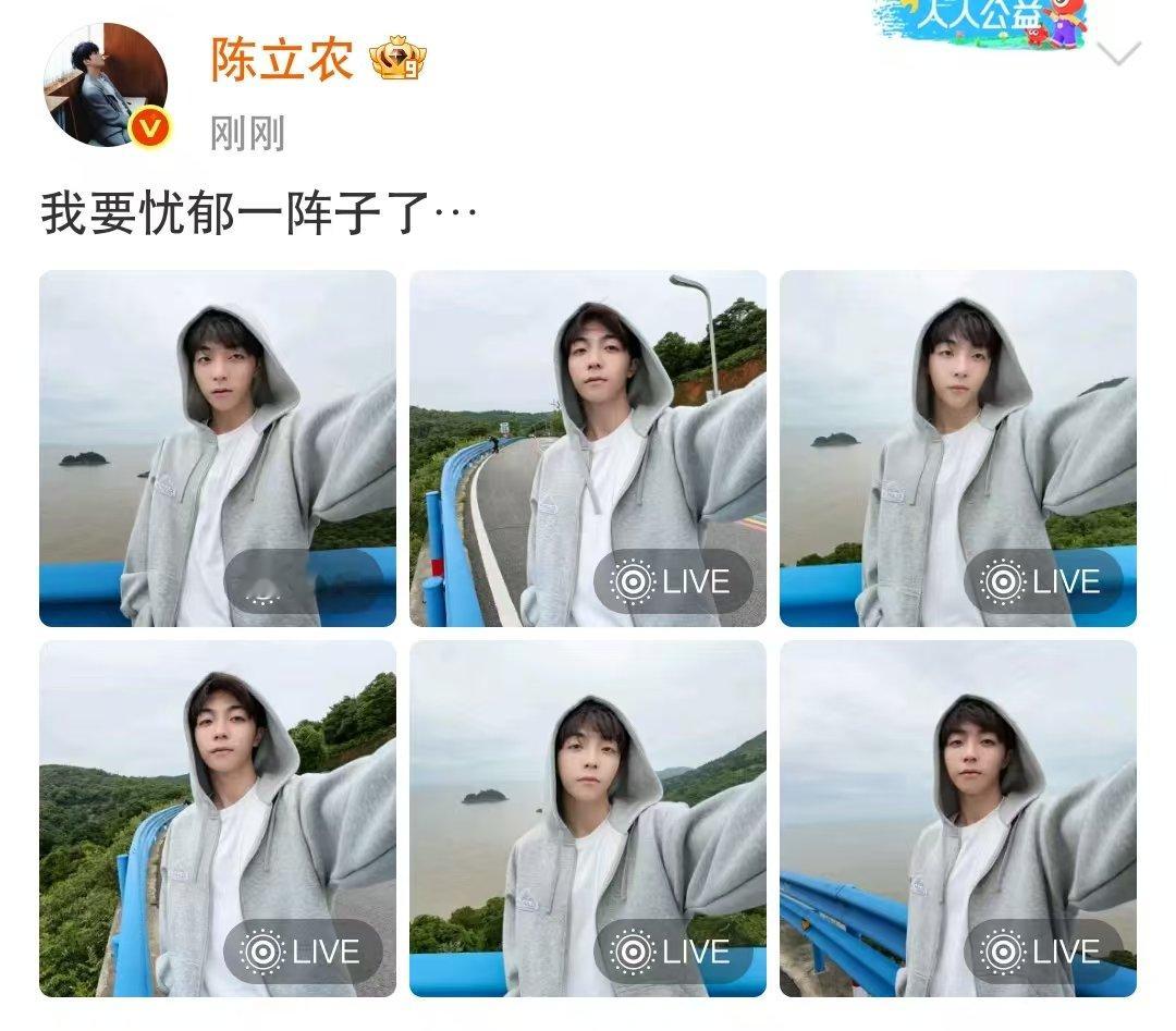 陈立农我要忧郁一阵子了陈立农忧郁氛围感照  陈立农分享灰色连帽卫衣造型，配文“我