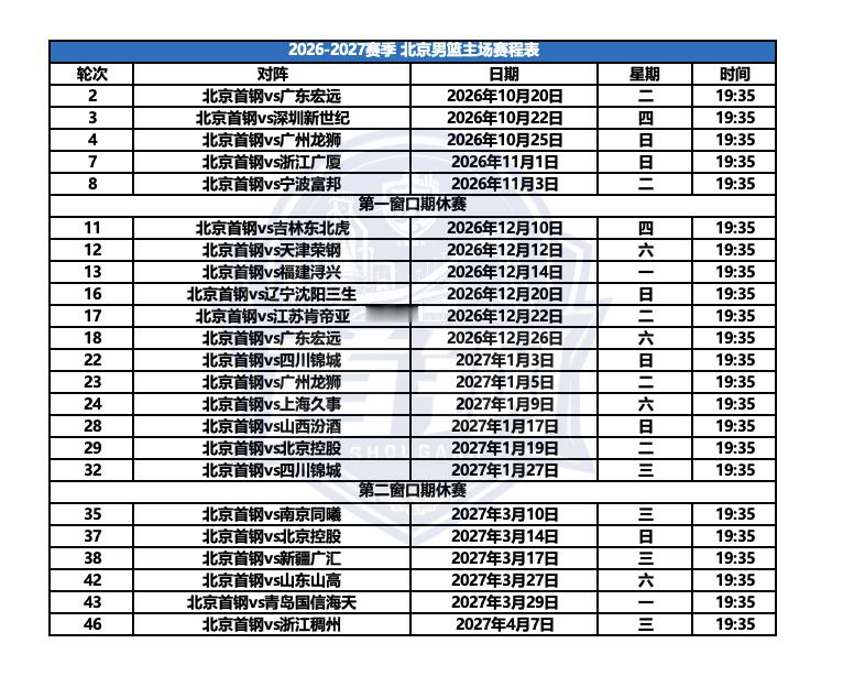 💙2026-2027赛季CBA常规赛北京首钢 赛程出炉（表格版）【图1】北京男